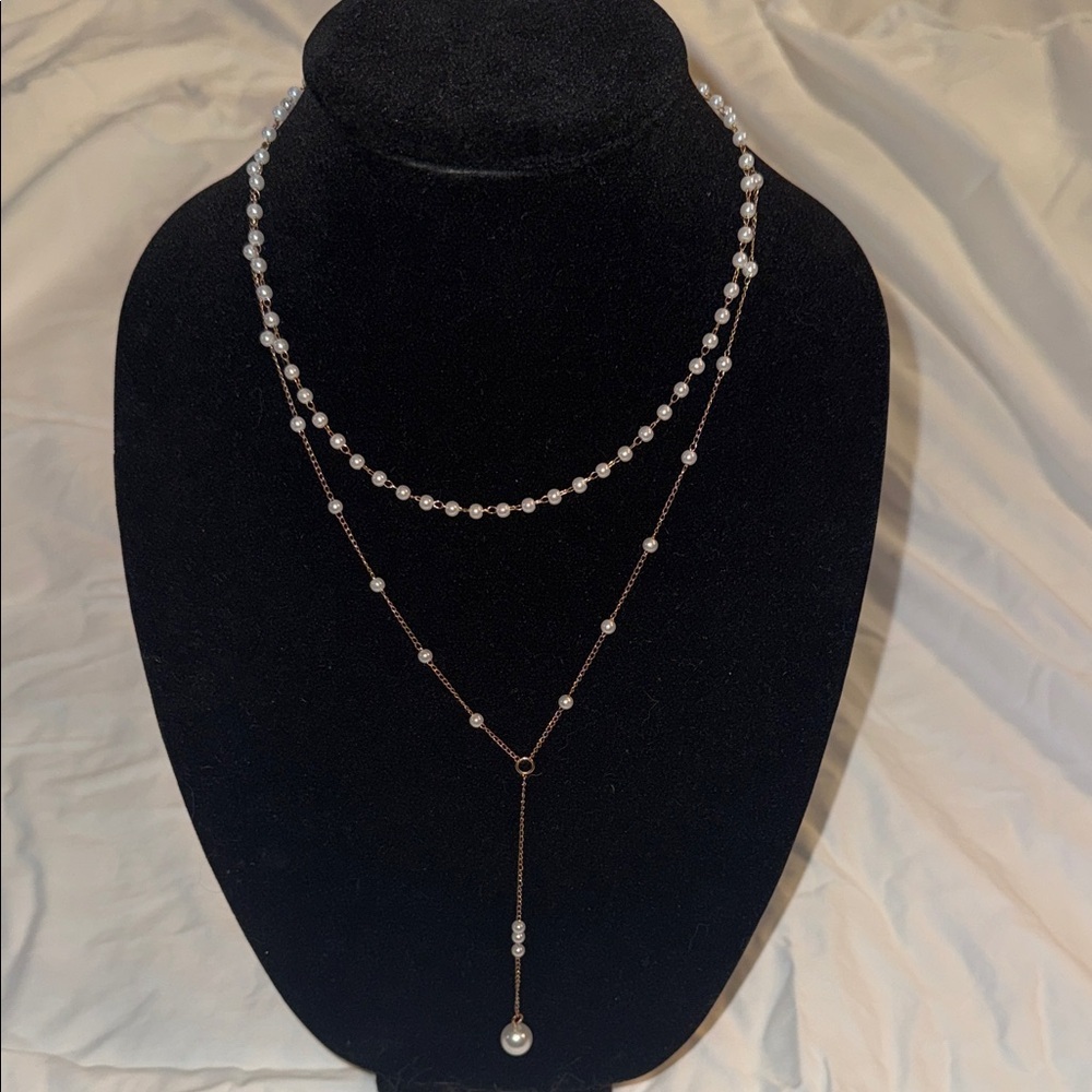 Delicate Layered Pearl Y-Drop Necklace - White Pearls